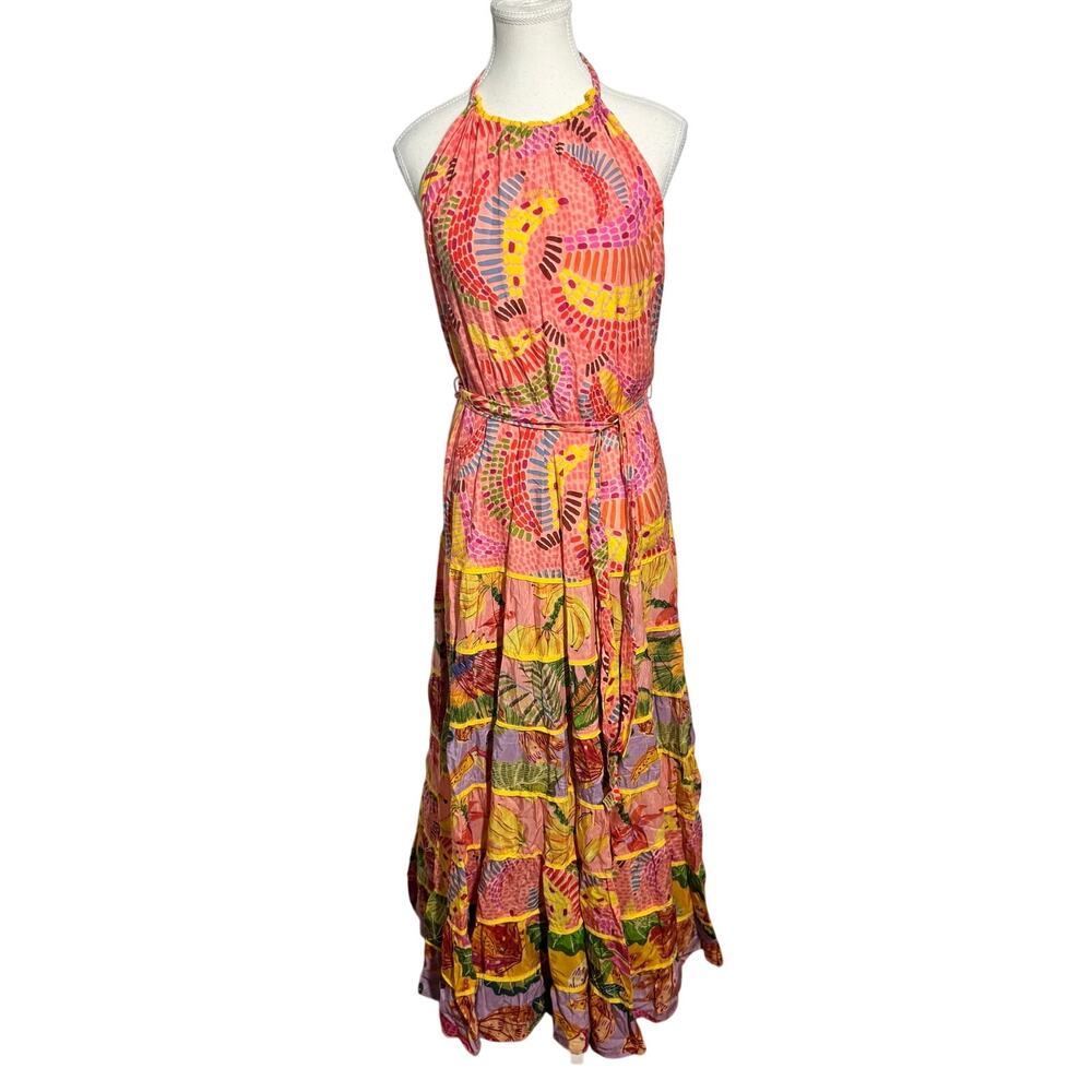 Farm Rio Mixed Banana Print Maxi Dress Women S Pink Tropical Vacation Tiered